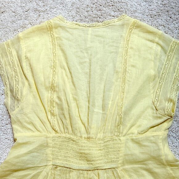 SOLD Free People Yellow V Neck Button Up Ruched Lace Flutter Sleeve Blouse Top S - Picture 8 of 12